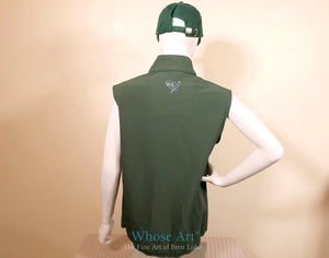 Green mens bodywarmer pictured from the rear