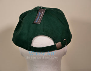 rear view of a green baseball cap with buckle fastening