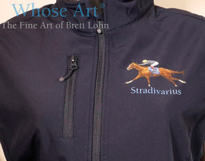 Horse bodywarmer in blue colour with horse racing motif showing the racehorse Stradivarius with jockey Frankie Dettori on the chest.