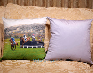 Pair of cushions on a sofa with a horse design