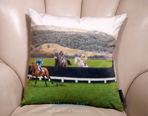 Racehorse scene on a beautiful interior decor sofa cushion