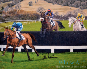 Horses jumping the fifteenth fence at Cheltenham equestrian interior design cushion cover