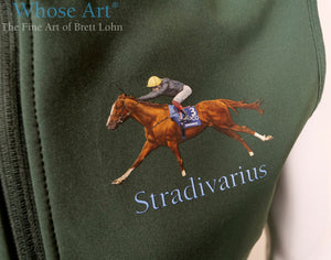 Horse gift idea showing the racehorse Stradivarius printed on green clothing.