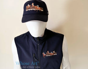 horse gift ideas for him a matching equestrian bodywarmer and horse hat with a painting of racing from cheltenham on the front