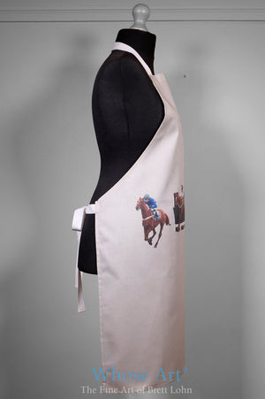 british made apron featuring a horse racing scene from cheltenham racecourse painted on the front