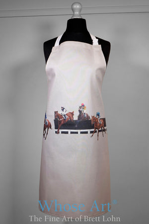 beautiful apron gift idea with horse racing scene from cheltenham printed on the fabric