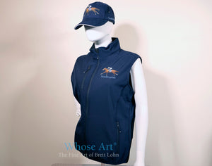 Horse gilet with matching horse hat. Both are blue in colour and have a picture of a horse and jockey printed onto the front