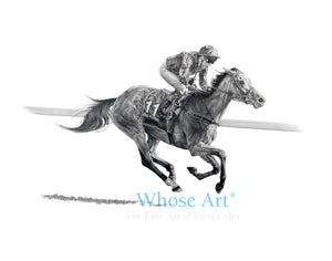 Pencil drawing of Soul Sister, ridden by Frankie Dettori, winning the 2023 Epsom Oaks.