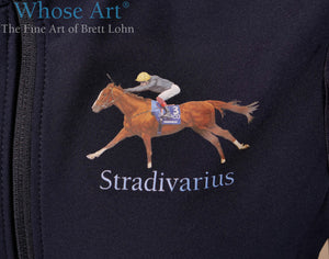 horse racing clothing painting of a racehorse pictured on a blue jacket