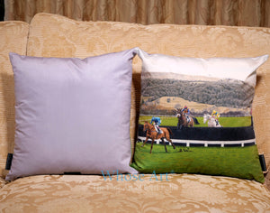 Cheltenham Racecourse souvenir gift, horse racing cushion cover design on a sofa.