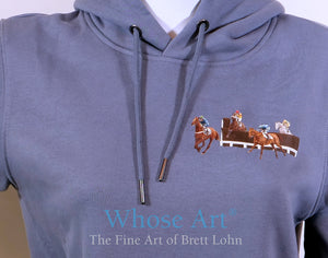 horse racing fashion hoodie gift idea with an image of racehorses on the front