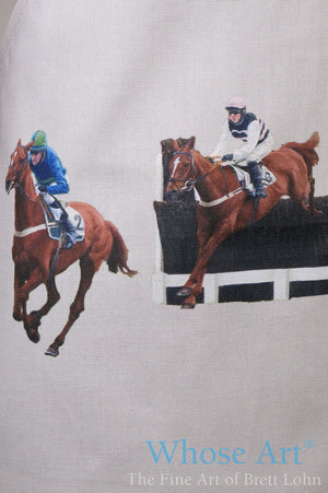 horse gift idea for him or her. an apron with horses racing at cheltenham
