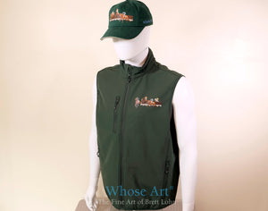 horse racing gifts for dad a green bodywarmer and cap with horse racing image on the front