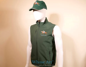 Horse racing gifts for men - a green bodywarmer with a racehorse picture featured on the front.