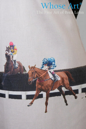 detail of racehorse painted on the front of an apron as a horse gift idea