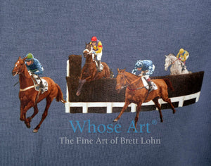 horse racing hoodies detail showing racehorses jumoing a fence at cheltenham racecourse