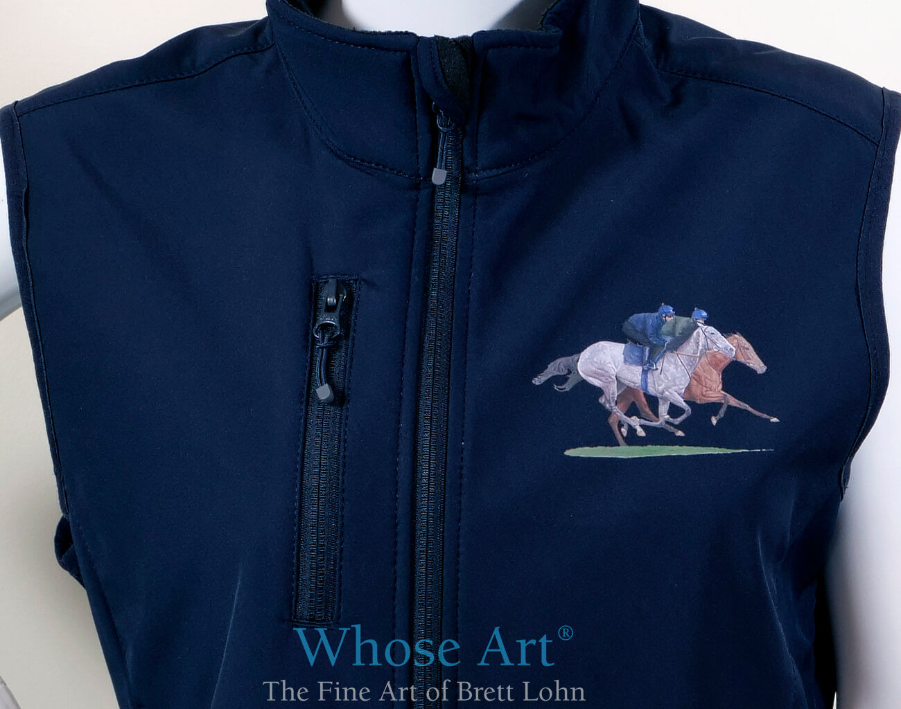 horse riding bodywarmer with a painting of galloping racehorses applied to the front