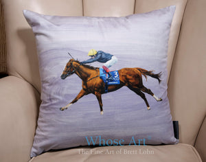 Horse racing gift idea of a cushion with the racehorse Stradivarius painted onto the front