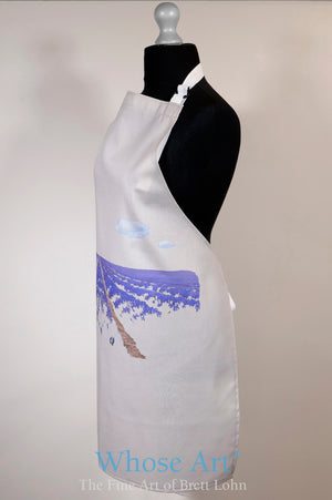 Kitchen apron with a lavender print on the front, showing a painting of lavender fields