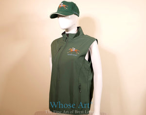 ladies equestrian fashion garment bodywarmer with matching green horse hat. Both garments have a galloping horse printed onto the front