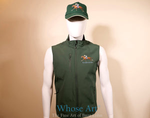 Mens gift idea of a green bodywarmer with the racehorse Stradivarius and jockey Frankie Dettori printed on the front.