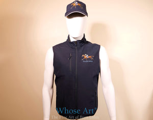 Navy mens gilet bodywarmer with a horse racing theme. A racehorse painting is printed on the front right chest.