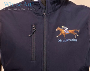 Racehorse gifts for men, blue gilet with Stradivarius Racehorse painting on the chest.