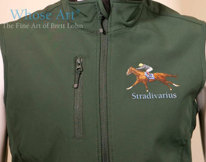 Mens horse racing gift idea: green gilet bodywarmer, with a horse racing painting of Stradivarius and Frankie Dettori printed on the chest.