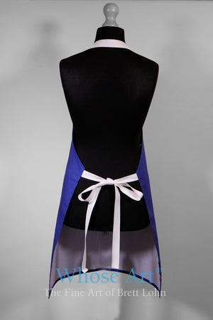 Blue kitchen apron pictured from the rear. Showing the securing straps. Hanging on a tailor's dummy.