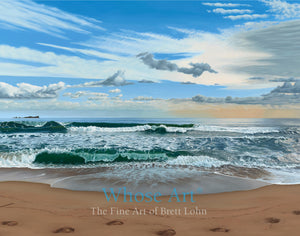 Seascape oil painting of waves crashing on a sandy beach.