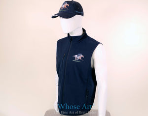 racehorse bodywarmer for him in navy blue colour with a picture of racehorses on the front