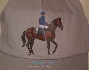 Racehorse gift idea hat with a racehorse and jockey design motif on the front of the hat