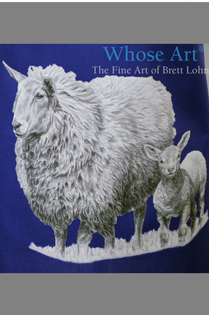 Close deatil of a beautiful drawing of a sheep and a lamb, reproduced on a fine art kitchen apron.