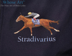 Stradivarius racehorse painting printed onto the front of a jacket.