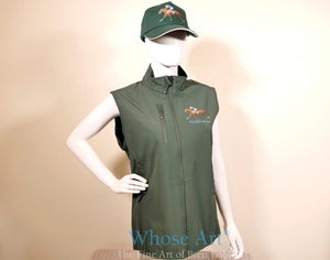 womens horse gift idea of a bodywarmer and matching cap with a horse design printed onto the fabric.