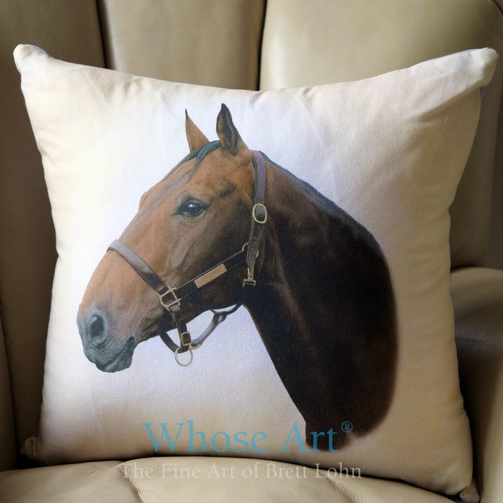 Horse portrait of a bay horse head on a cushion