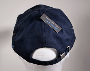 blue equestrian baseball cap photographed from the rear.