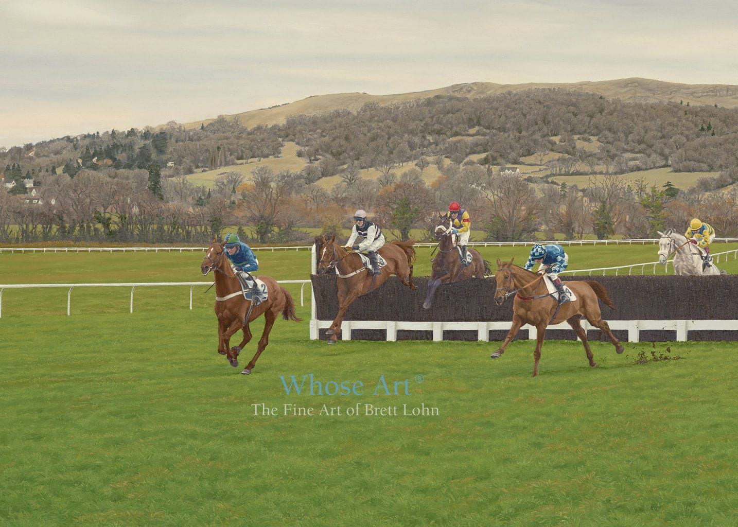 Cheltenham Racecourse Art Card featuring a painting of horses jumping a fence at Cheltenham with Cleeve Hill nearby