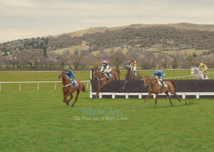 Cheltenham Racecourse Art Card featuring a painting of horses jumping a fence at Cheltenham with Cleeve Hill nearby