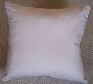 The reverse of a fine art cushion. Colour is grey.