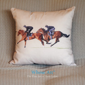 Horse art cushion painting of horses galloping, placed on a blanket