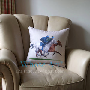Horse cushion, showing a painting of a grey racehorse, on a chair