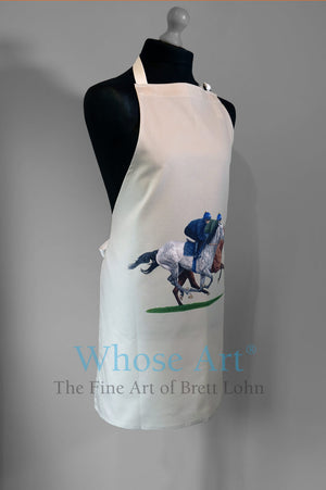 A handsome fine art apron featuring a pair of galloping horses reproduced from an oil painting by Brett Lohn.