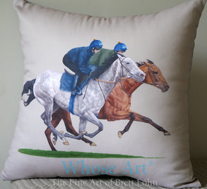 Horse Cushion a cushion with a painting of racehorses galloping 