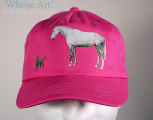 grey horse and labrador painting design on an equestrian clothing hat for women