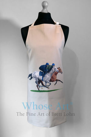 Striking fine art apron featuring a painting of two horses galloping. One horse is grey, the other bay. Pictured on a black mannequin.