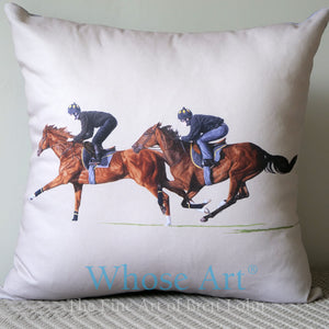 Racehorse art cushion on a blanket