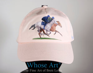 horse baseball cap in pink with a grey horse galloping on the front