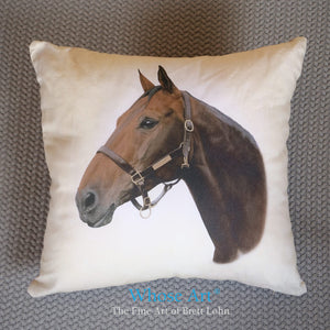Bay horse painting featuring the horse's handsome head. Printed on a cushion