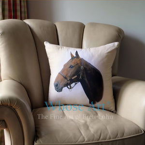Horse's head painting on a cotton cushion on armchair